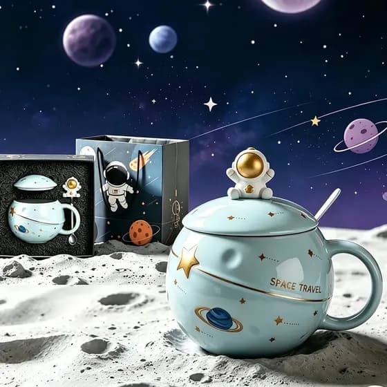 Set de tazas astronauta con tapa y cuchara
